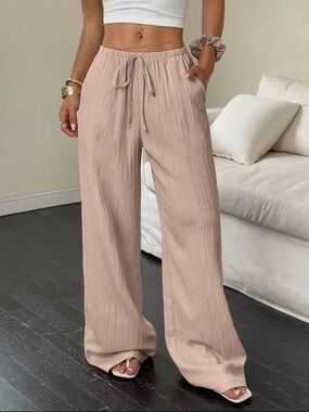 Tan Linen Wide-Leg Pants